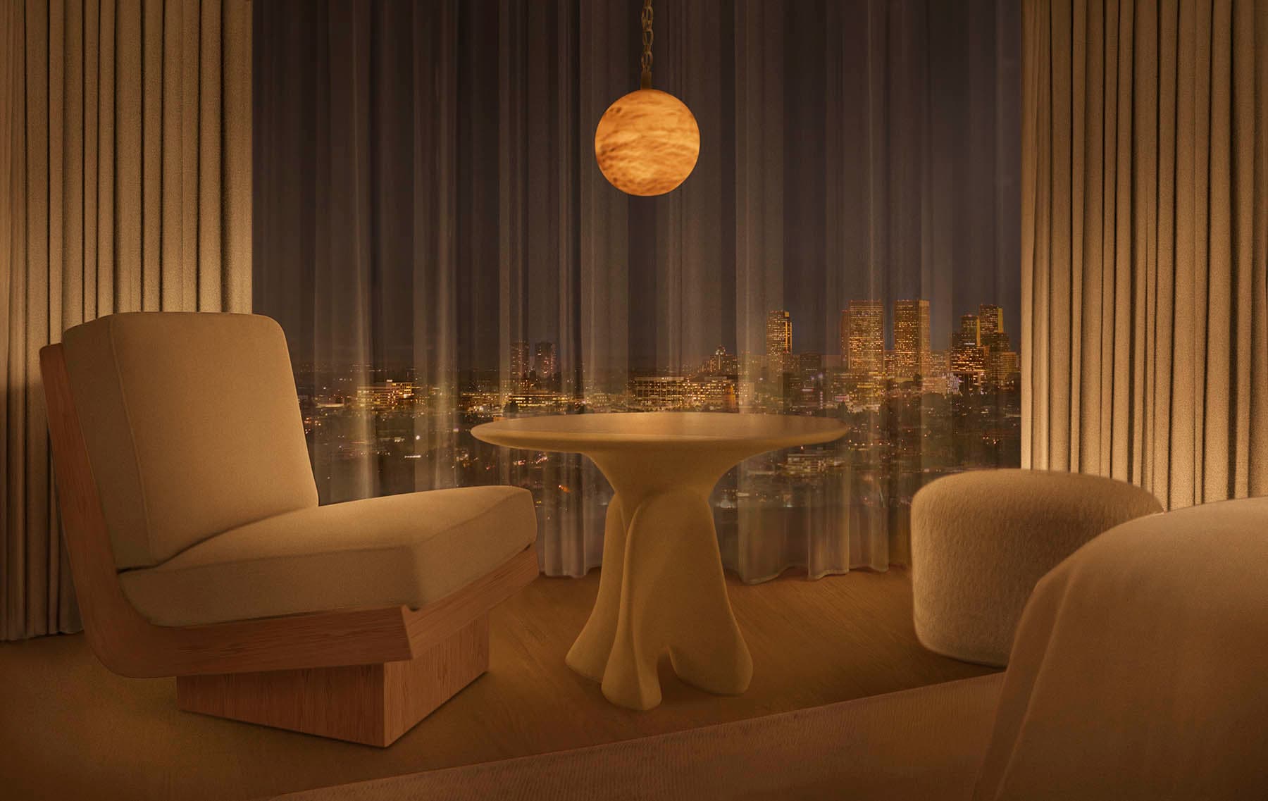 table and chairs with LA skyline in the background